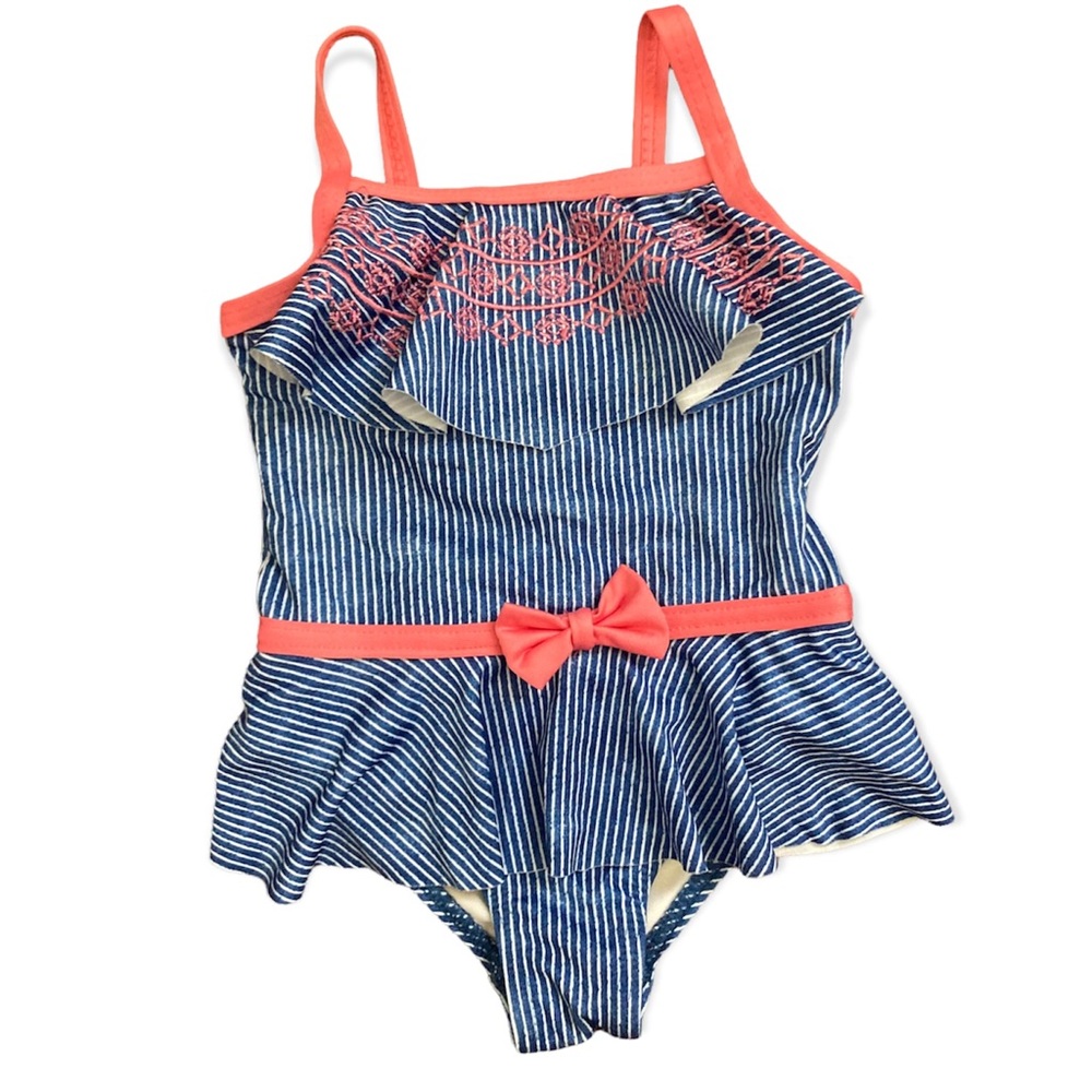 Penelope Mack Striped Embroidered One Piece Swim Bathing Suit Blue Pink